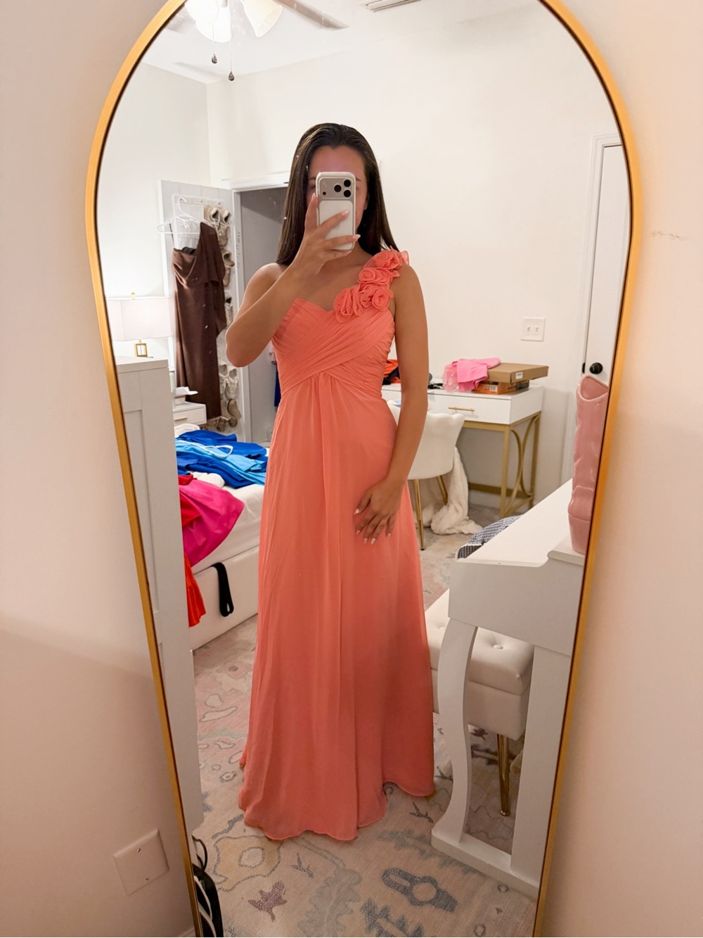 Alexia Designs Coral One-Shoulder Maxi Dress with Rosette Strap